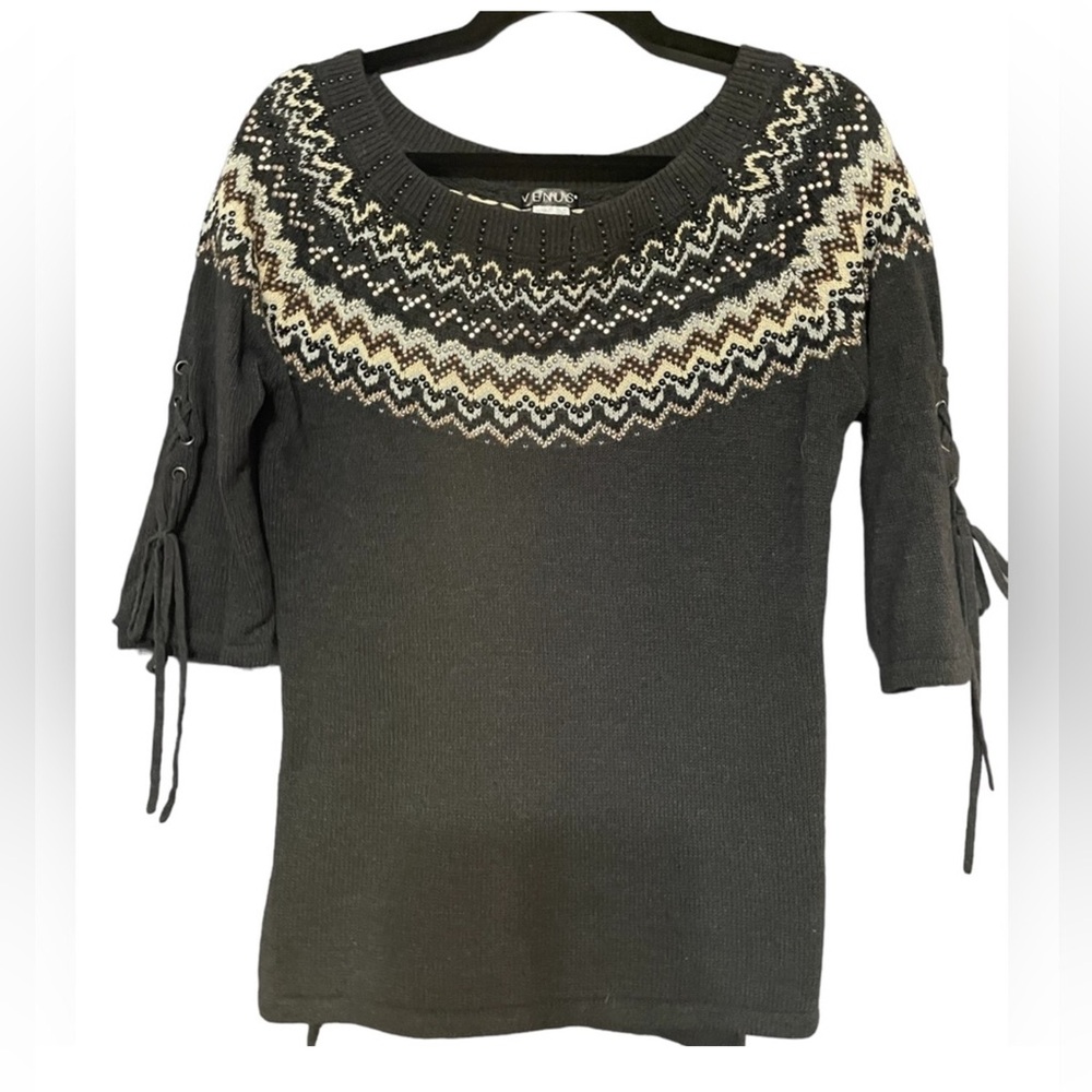 VENUS Fair aisle Sweater with laced sleeves and beaded embellishments.